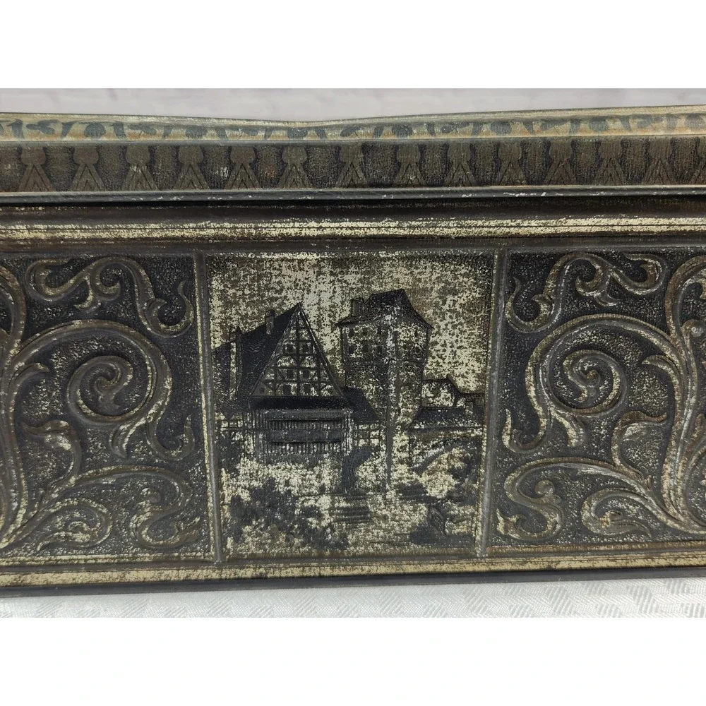 Vintage German Silver Tin Biscuit Box Knight Jousting Castles Horse History